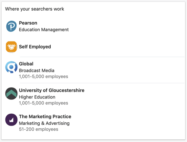 Hvor søgere arbejder data i dit dashboard-afsnit i LinkedIn-personlige profil
