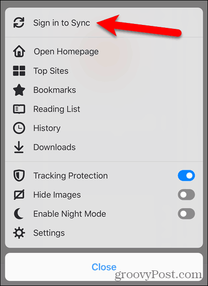 Tryk på Log ind for at synkronisere i Firefox til iOS