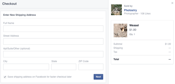kunde indtaste forsendelsesoplysninger til første facebook køb