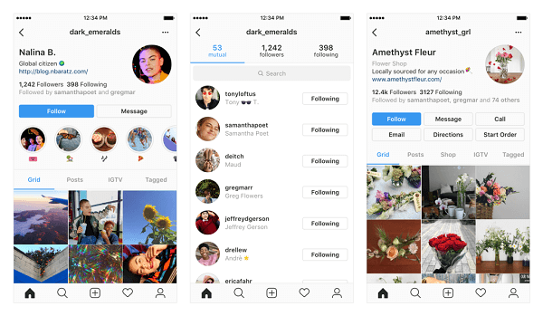 Eksempler på potentielle ændringer i din Instagram-profil.