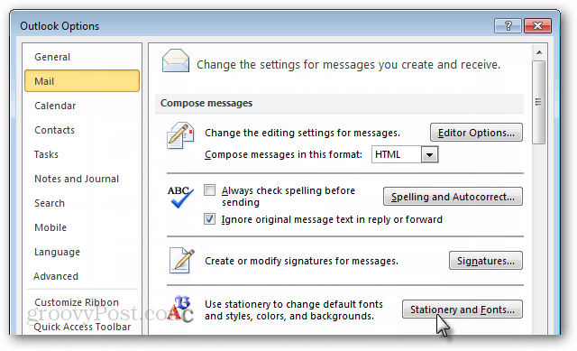 Sådan ændres standardskrifttypen i Outlook 2010