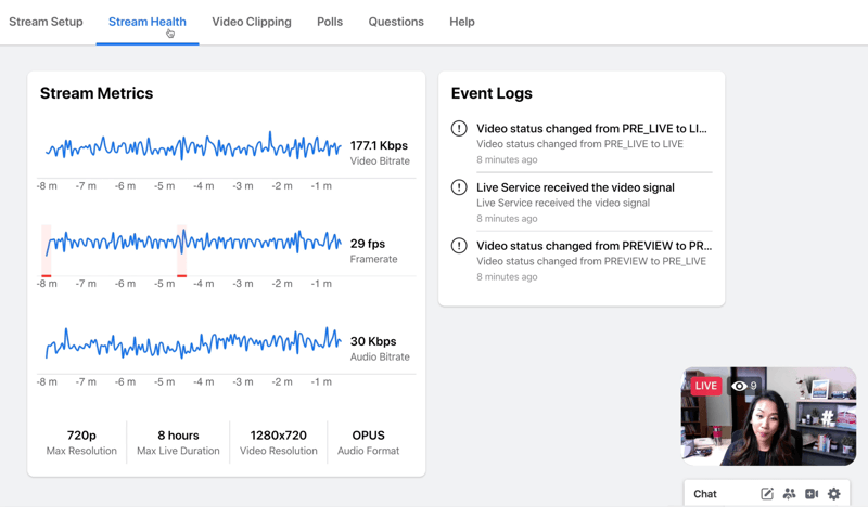 eksempel på facebook live stream, som det ser ud til stream-værten, når du ser stream-metrics under stream-sundhed inklusive grafer til video-bithastighed, billedhastighed og lyd-bitrate