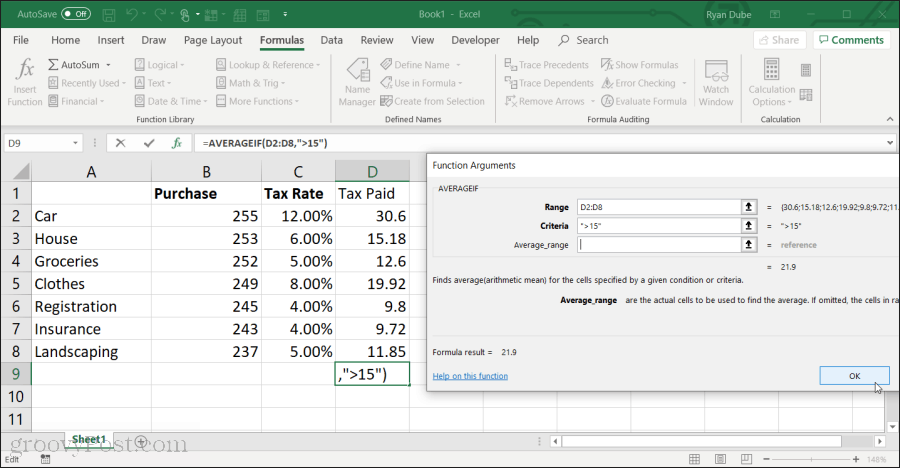 Brug af hte gemiddeldeif-funktion i Excel
