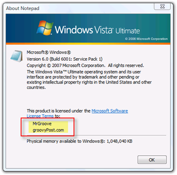 Vis ejer og organisation til Windows Vista