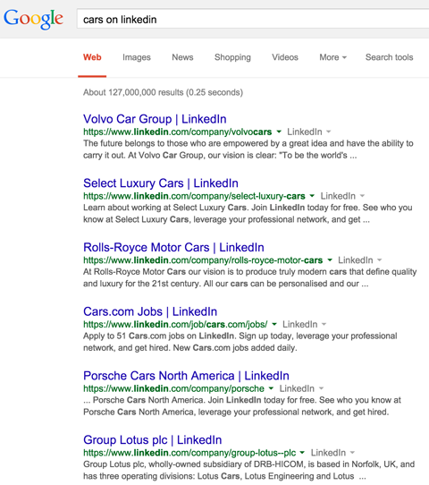 Linkedins virksomhedsside resulterer i google-søgeresultater for biler på linkedin