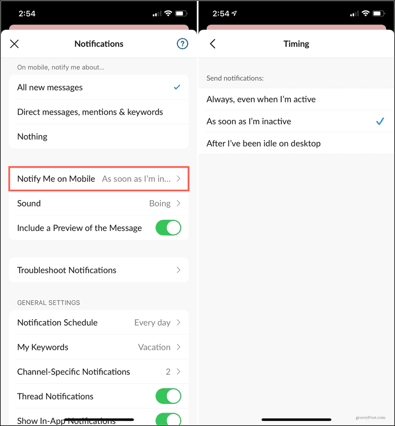 Notifikation inaktiv timing i Slack Mobile