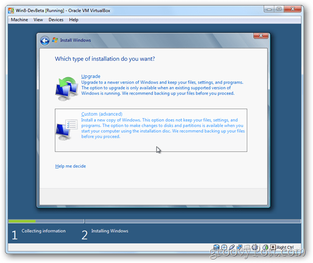VirtualBox Windows 8 vælger brugerdefineret installation