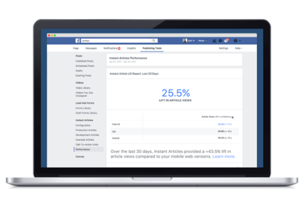 Facebook udrulede et nyt analyseværktøj, der sammenligner, hvordan indhold, der offentliggøres via Facebooks Instant Articles-platform, fungerer i sammenligning med andre mobile webækvivalenter.