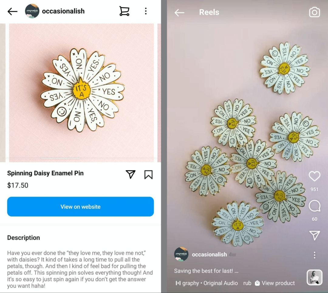 billede af det samme produkt i en Instagram-butik og Instagram-rulle