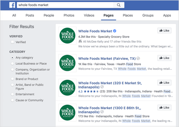 Individuelle placeringssider vises i Facebook-søgning.