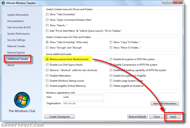 Sådan fjernes Windows 7 genvejsikon Arrow Overlay