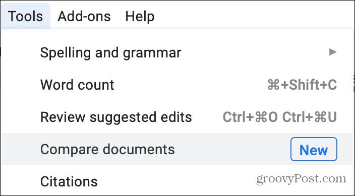 Værktøjer Sammenlign dokumenter i Google Docs