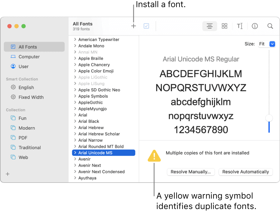 Mac gul skrifttypeadvarsel