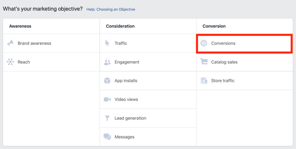Tips til at sænke dine Facebook-annonceomkostninger, mulighed for at markedsføre dine facebook-annoncer til konverteringer
