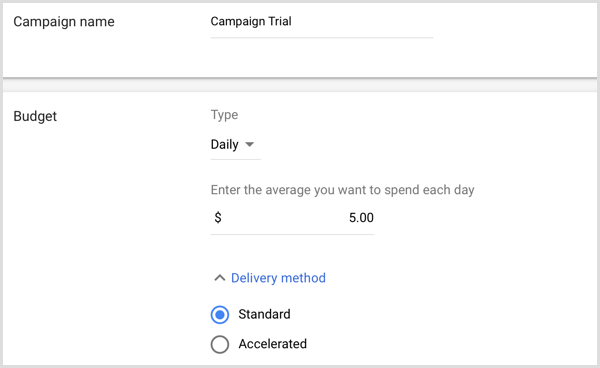 Tilføj kampagnenavn og budget i Google AdWords.