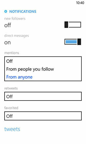 indstillinger for meddelelser om Windows Phone Twitter