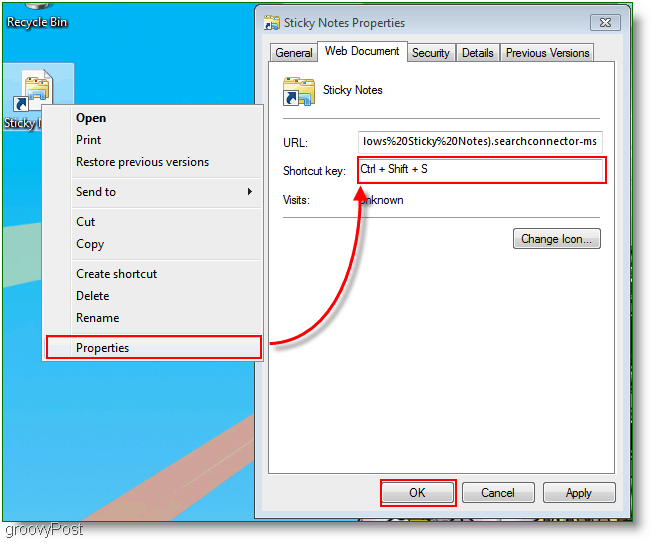 Windows 7 Opret ny genvejstast tildelingsmenu: Skærmbillede