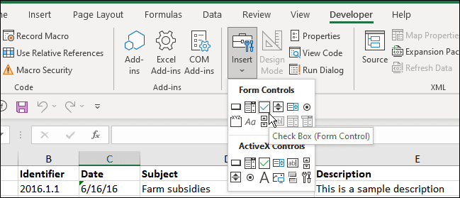indsæt afkrydsningsfelt udvikler Excel