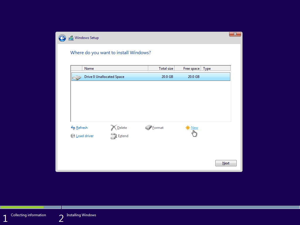 07 Opret ny partition fra ikke-allokeret plads 5 Windows 10 Clean Install