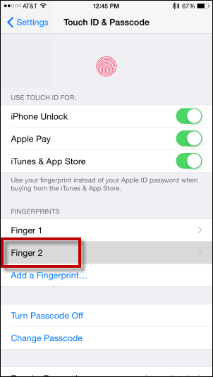 Alle fingeraftryk vises på skærmen Touch ID & Passcode