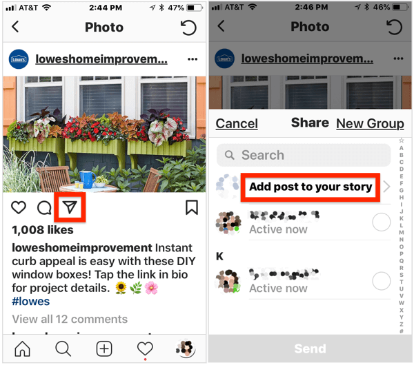 For at tilføje et offentligt indlæg til din Instagram-historie skal du åbne indlægget, trykke på flyikonet under billedet og derefter vælge Føj indlæg til din historie i pop op-menuen.