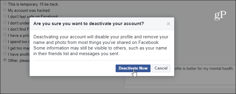 Bekræft deaktivering af FB-konto