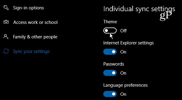 Windows 10 Individuelle synkroniseringsindstillinger