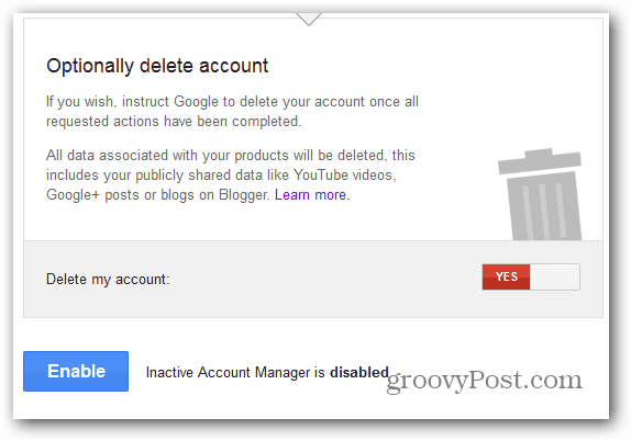 Google Inactive Account Manager aktiverer sletning