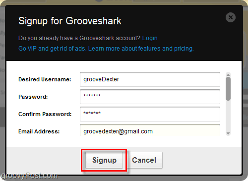 Grooveshark tilmeldingsproces