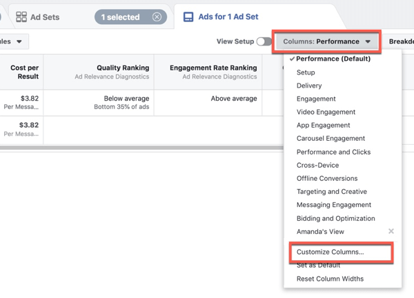Tilpasning af Facebook Ads Manager til at tilpasse kolonnerne.