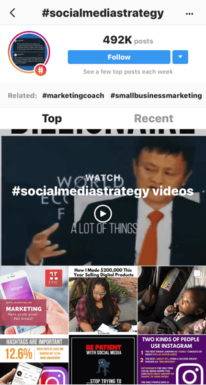 Sådan strategisk vokser du dit Instagram-trin, trin 11, find relevante eksempelindlæg, prøv søgning efter "#socialmediastrategy" -videoer