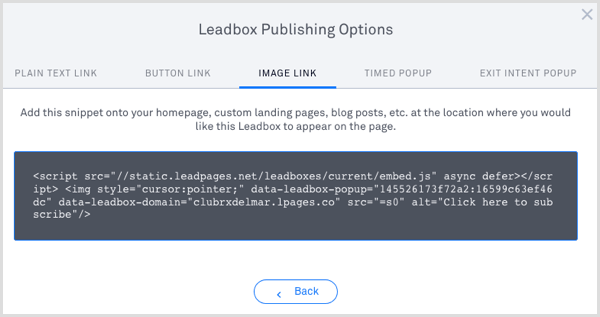 LeadPages leadbox offentliggør kode 