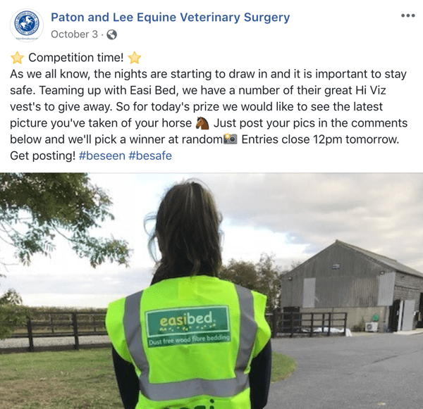 Eksempel på Facebook-indlæg med en konkurrence fra Paton og Lee Equine Veterinary Surger.