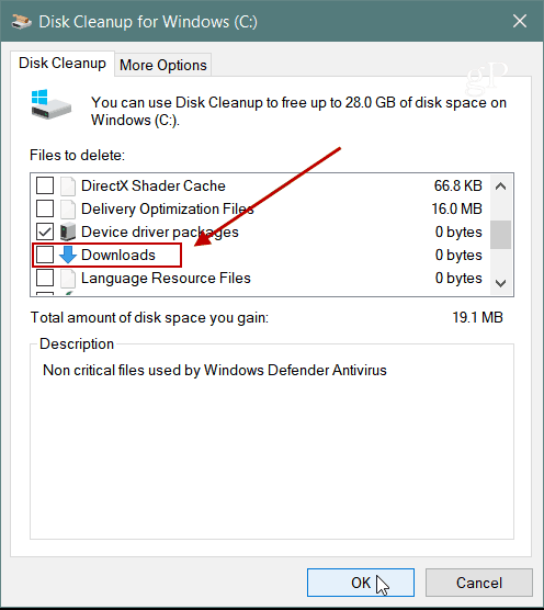 Downloader diskoprydning Windows 10 1809