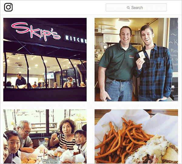 Dette er et screenshot af Instagram-fotos mærket #skipsdiner. Den ene viser restaurantens ydre, den ene viser en mand, der holder et kort, som om han har vundet Joker-spillet, den ene viser en familie, der spiser ved et bord, og den ene viser den mad, som nogen har bestilt. Jay Baer siger, at Joker-spillet er et eksempel på en talk trigger.