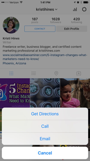 Instagram-forretningsprofil kontaktmuligheder