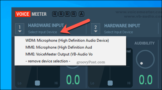 Valg af en VoiceMeeter-hardwareindgang