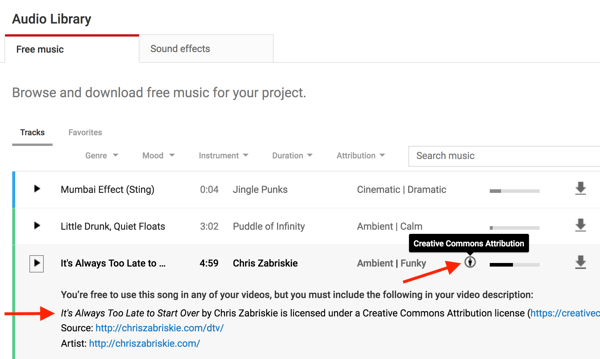 Musikfiler i YouTube-lydbiblioteket bemærker, hvis du har brug for at kreditere den oprindelige skaber.