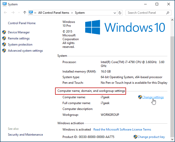 Skift indstillinger Windows 10 Kontrolpanel