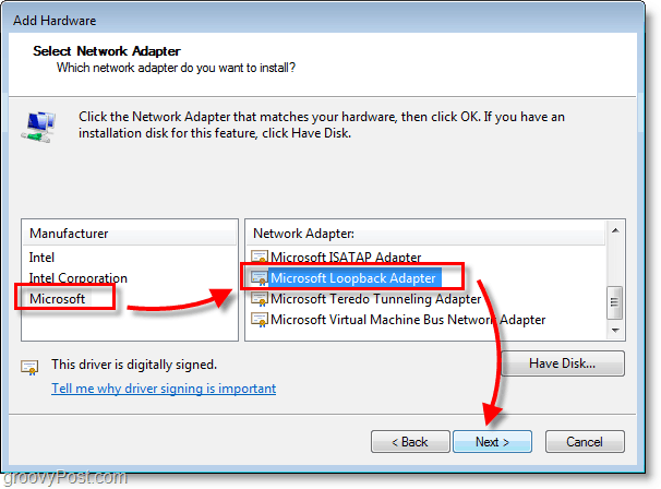 Windows 7 Netværksskærmbillede vælg microsoft> microsoft loopback adapter