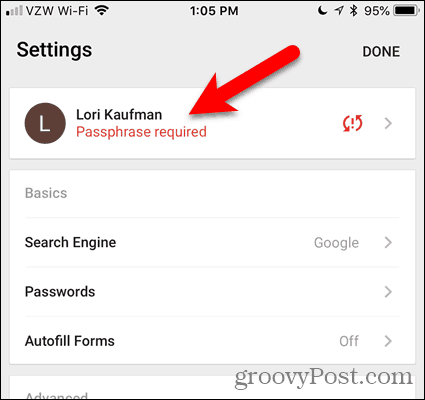 Tryk på Passphrase påkrævet i Chrome til iOS