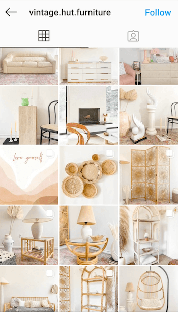 eksempel på screenshot af @ vintage.hut.furniture instagram-feed, der viser deres gule nuance til antik styling af billedposter i hvide, solbrune og neutrale farver