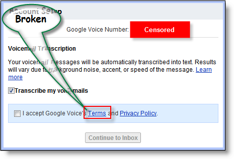 Servicevilkårets link til Google Voice er ødelagt