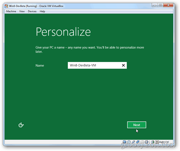 VirtualBox Windows 8 personaliserer opsætning af pc-navn