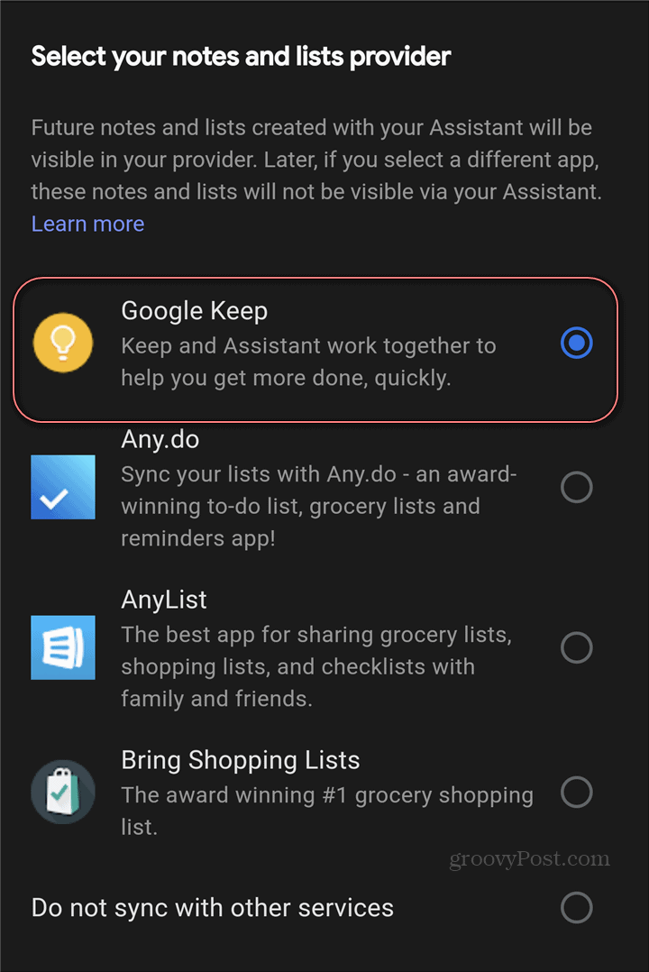 Google Assistant Google Keep-indstillinger notatudbyder