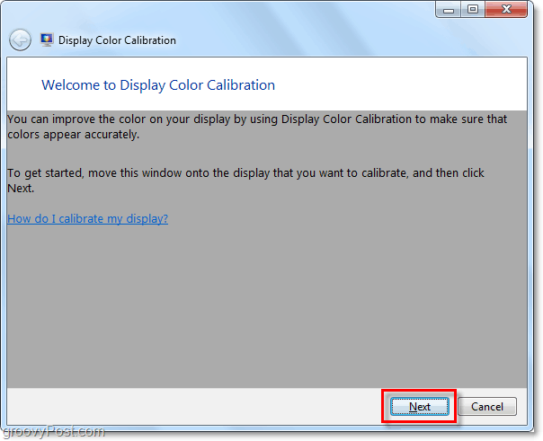 Windows 7 viser velkomstvindue for farvekalibrering