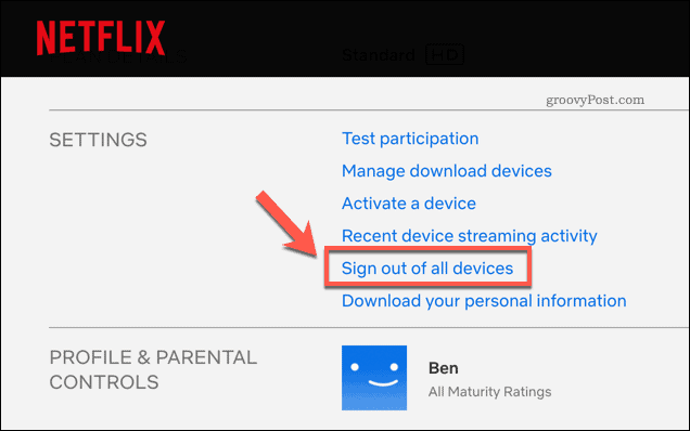 Log ud af alle Netflix-enheder på siden med Netflix-kontoindstillinger