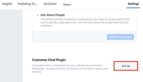 Brug Google Tag Manager med Facebook, trin 9, opsæt dit Facebook Customer Chat-plugin