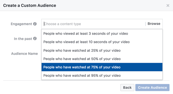 For en tilpasset målgruppe baseret på videoengagement kan du vælge, hvor meget af din video nogen skal se for at se din retargeting-annonce.