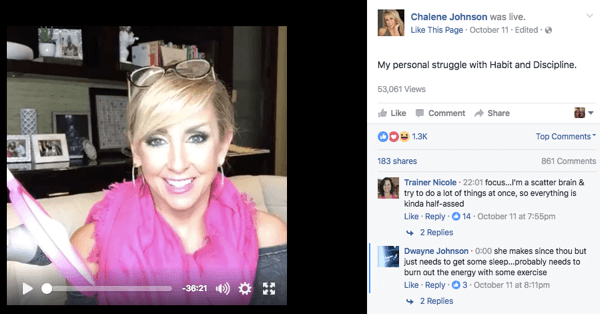 Facebook Live-videoindlæg på Chalenes Facebook-side.